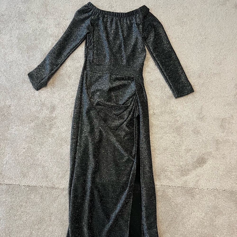 Off shoulder charcoal dress with slit size small